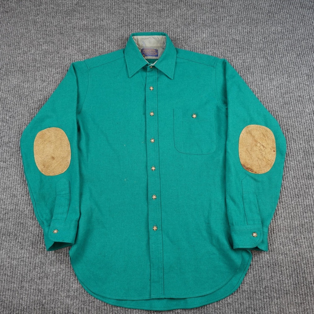 Vintage Pendleton Shirt Mens Small Green Wool Flannel Suede Elbow Patches USA